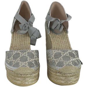 Gucci Women's Heritage GG Lame Espadrille Platform Wedges Silver DM35